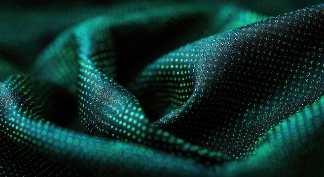 Close-up of teal fabric with swirling folds and tiny green dots