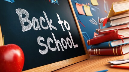 Clean chalkboard with back to school message alongside stacked books and apple in bright classroom setting