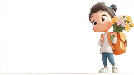 Cute child carrying a bouquet of flowers in a minimalist watercolor illustration style