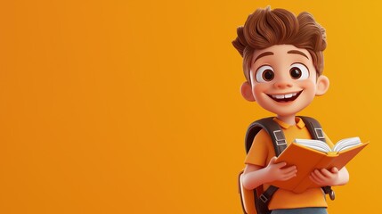 Cheerful boy with backpack reading in a vibrant orange setting during a sunny day