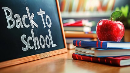 Hyper-realistic photography of a clean chalkboard featuring the phrase back to school alongside books and an apple on a wooden desk