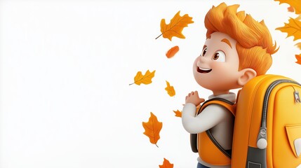 Child enjoying autumn with falling leaves and a backpack in a minimalist illustration