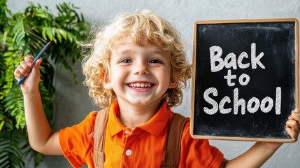 Young boy smiles joyfully while holding a chalkboard with back to school message in a bright indoor setting