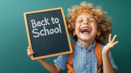 Young boy with curly hair joyfully holding a chalkboard sign about going back to school in a minimalist setting