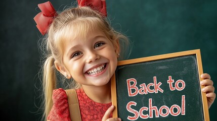 Young Caucasian girl smiles brightly while holding a chalkboard announcing back to school, captured in a cozy indoor setting