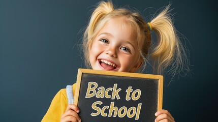 Young Caucasian girl joyfully holding a chalkboard sign announcing back to school during a minimalist photography shoot indoors