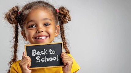 Young girl smiles while holding a chalkboard sign that says Back to School in a bright, minimalist setting