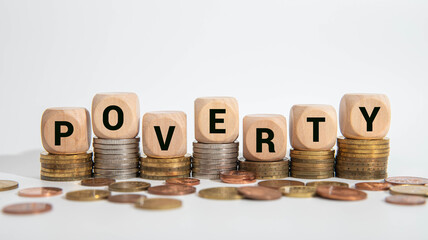 Poverty word written on wood block. Poverty text