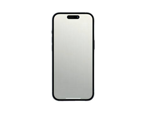 Sleek modern smartphone with a dark frame blank silver screen and pill-shaped camera cutout.