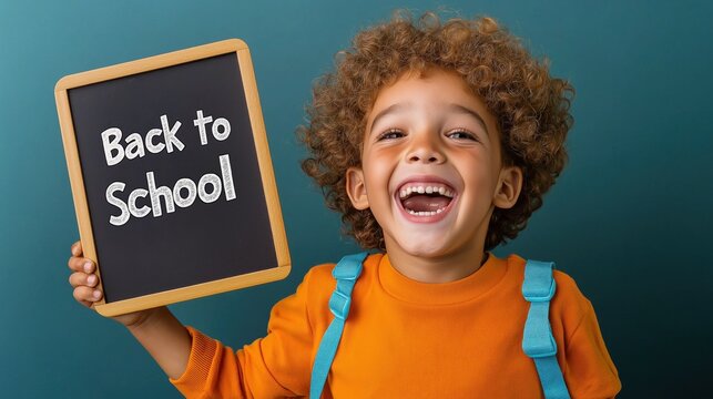 Cheerful young boy with curly hair holding a chalkboard sign welcoming back to school in a bright setting