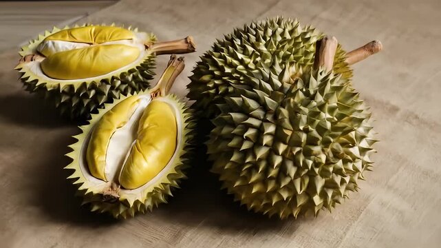 Still life of whole and cut durian on a sackcloth	