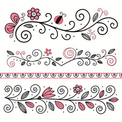 Decorative Floral Borders in Pink and Black Swirls and Leaves.