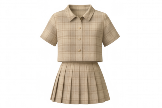 Beige plaid matching set presenting coordinated fashion styling, professionally isolated on transparent background for seamless design integration