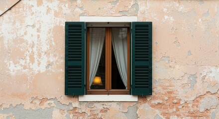 Rustic window with open shutters on weathered wall