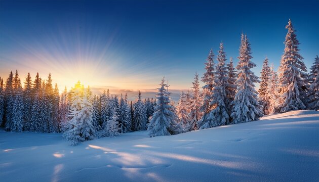 in hushed stillness of dawn ethereal glow of rising sun bathes snow laden trees transforming wintry landscape into a breathtaking tableau that leaves one spellbound