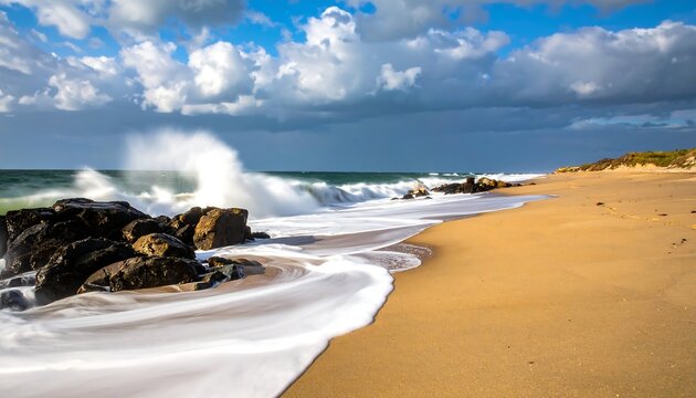 Foaming waves crash against dark rocks on a sandy beach beneath a partly cloudy sky - Powered by Adobe