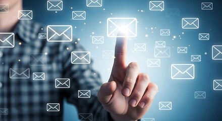 Man pressing glowing email icon symbolizing digital communication and online messaging concept with modern technology background for business and personal correspondence