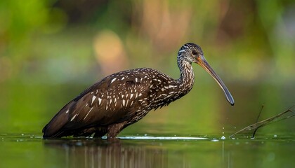 A wading bird stands in shallow water