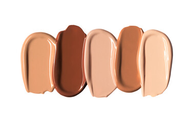 Makeup Liquid foundation range smear composition isolated on white background. BB CC Cream Concealer texture. Cosmetic product brush swatch