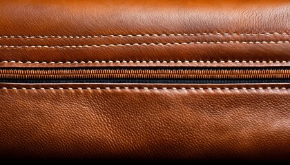 detailed close up of brown leather texture with visible stitching and seams on a smooth surface isolated on transparent background
