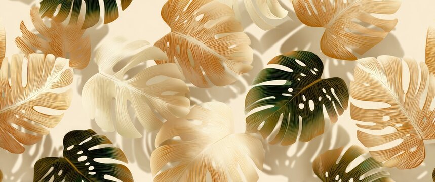 Tropical leaves, light beige background, in muted tones of gold, beige and green - Powered by Adobe