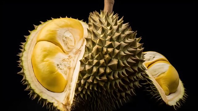 Whole and halved durian fruit against a black background	