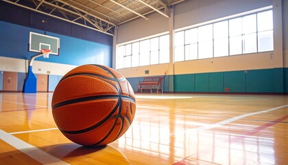 An orange basketball rests on a polished hardwood gymnasium floor, bathed in natural light streaming through large windows.