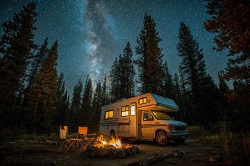 Campsite under a Milky Way.  RV by campfire