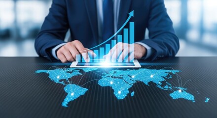 Businessman analyzing global financial growth chart finance