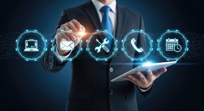 Businessman interacting with digital service icons suit tablet