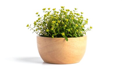 A vibrant cluster of small, yellow flowers in a light brown wooden bowl against a white background.
