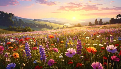 Obraz premium A vibrant field of wildflowers bursts forth under a radiant sunrise, showcasing a landscape of varied colors and textures.