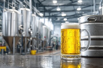 Light beer in a glass, brewery background