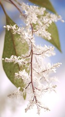 Naklejka premium Close-up of delicate neem tree flowers in bloom showing clustered white petals against clean bright white minimalist background