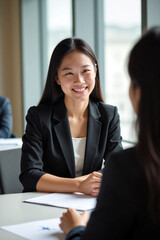 A confident asian businesswoman smiles during an interview with a job candidate in a bright, modern office environment. The atmosphere is professional and welcoming. Generative AI.