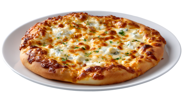 A classic Pizza Quattro Formaggi (Four Cheese Pizza), a delicious white pizza topped with a rich blend of four melted and browned Italian cheeses.