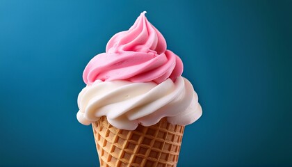 this vibrant image showcases a delicious swirl of pink and white soft serve ice cream in a waffle cone creating a playful and inviting atmosphere perfect for dessert lovers