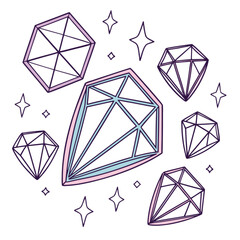 Pastel pink and blue faceted diamond gems with purple outlines and sparkles.