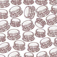 Burger pattern. Seamless pattern of hand-drawn burgers. Seamless pattern of burgers background. Hand-drawn pattern featuring sketch-style burgers.