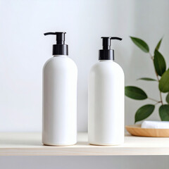 a set of two blank shampoo and conditioner bottles on a minimalist bathroom shelf, natural light, realistic photo