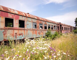 Obraz premium Rusty train car in overgrown field