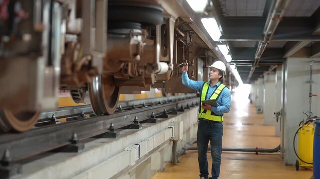 Engineers for electric trains After detecting difficulties with the electric train's machinery use searchlights to locate and check damaged sections. In the electric train repair shop