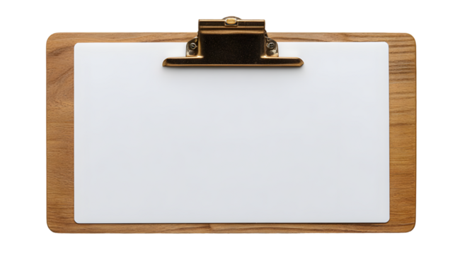 Classic wooden clipboard with a brass metal clip holding a blank white sheet of paper.