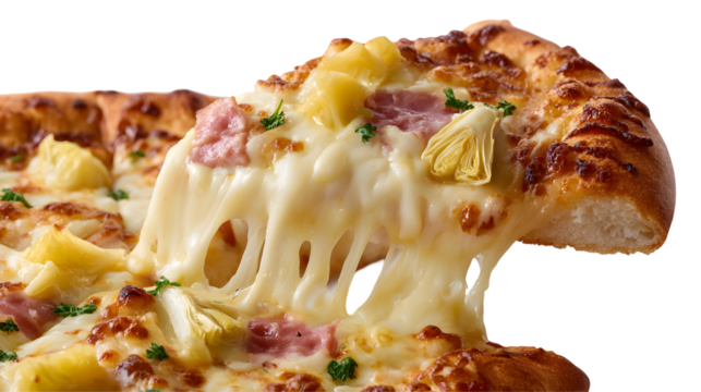Lifting a slice of Ham and Cheese Pizza, creating a spectacular, gooey cheese pull. This thick-crust pizza is the ultimate comfort food. Action shot.