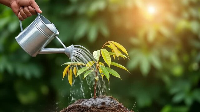 A small durian seedling being watered by a hand with a can	