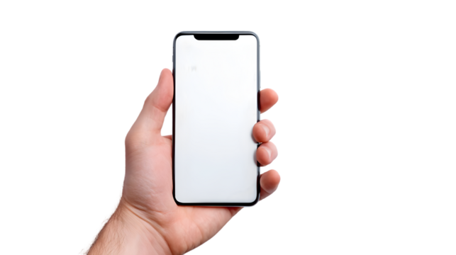 Mans hand holding a modern black smartphone with a blank white notched screen for mockup.