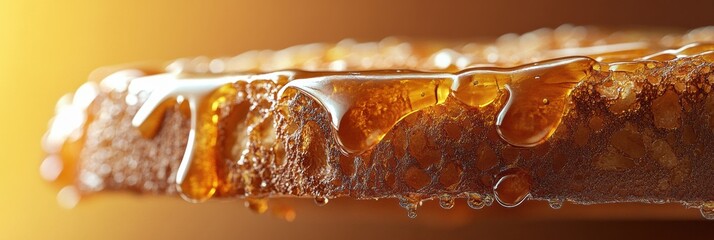 Golden honey dripping from a honeycomb on a warm background showcasing natural sweetness and texture in close-up