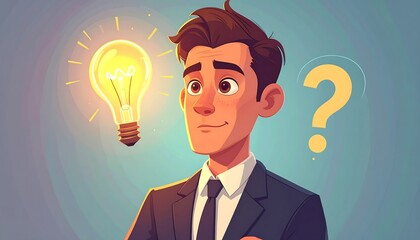 Thoughtful businessman contemplating a solution, illuminated by a bright idea, with a question mark, highlighting the concept of seeking answers.