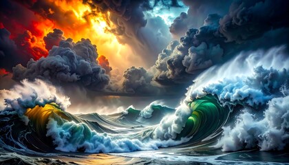 Dramatic ocean waves crashing against stormy sky