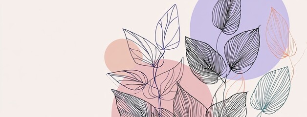 Abstract botanical design with delicate line art leaves and soft color circles